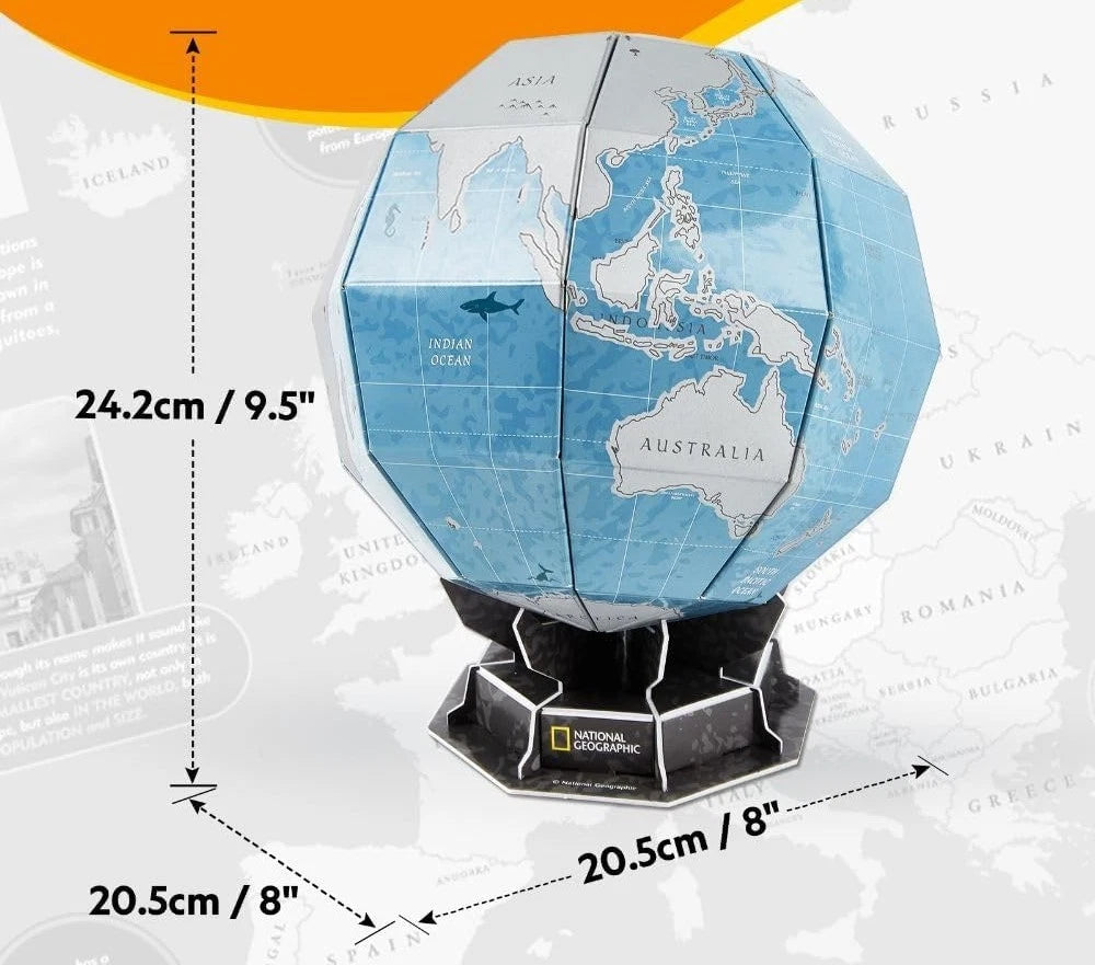 National Geographic CubicFun 3D Puzzle Scratch Globe with 31 pieces, educational toy showing a detailed world map.