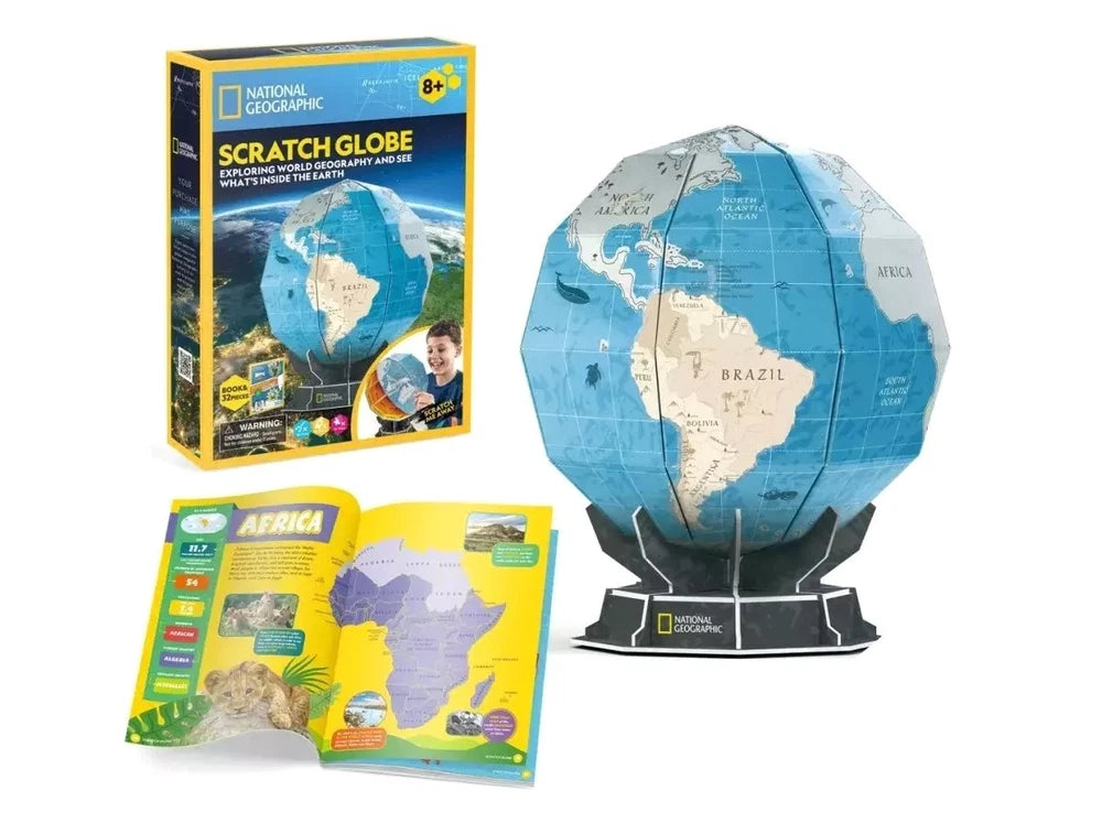 CubicFun 3D Puzzle National Geographic Scratch Globe with 31 pieces, showing a partially assembled interactive educational toy. Main image