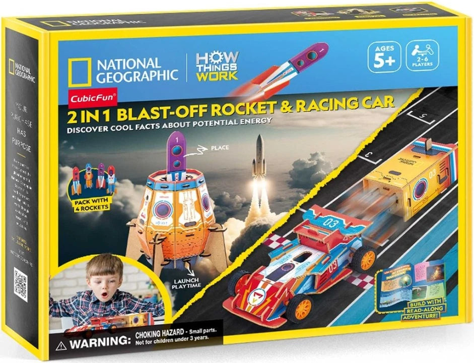 National Geographic CubicFun 3D puzzle featuring a blast-off rocket and racing car toy set, perfect for educational play. Main image