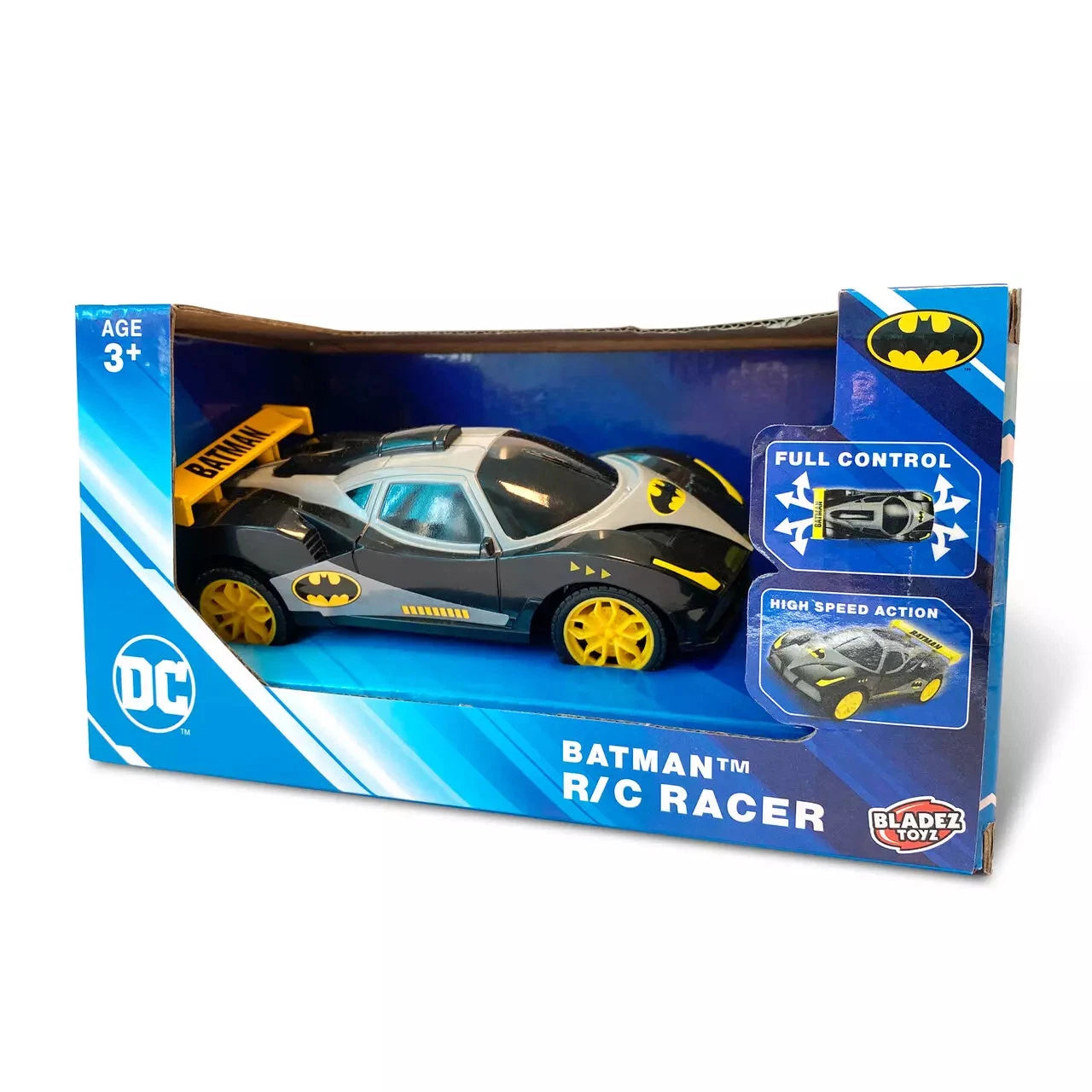 RC Batman Racer by Bladez Toys, high-speed superhero action car with detailed Batman design and sleek black finish.