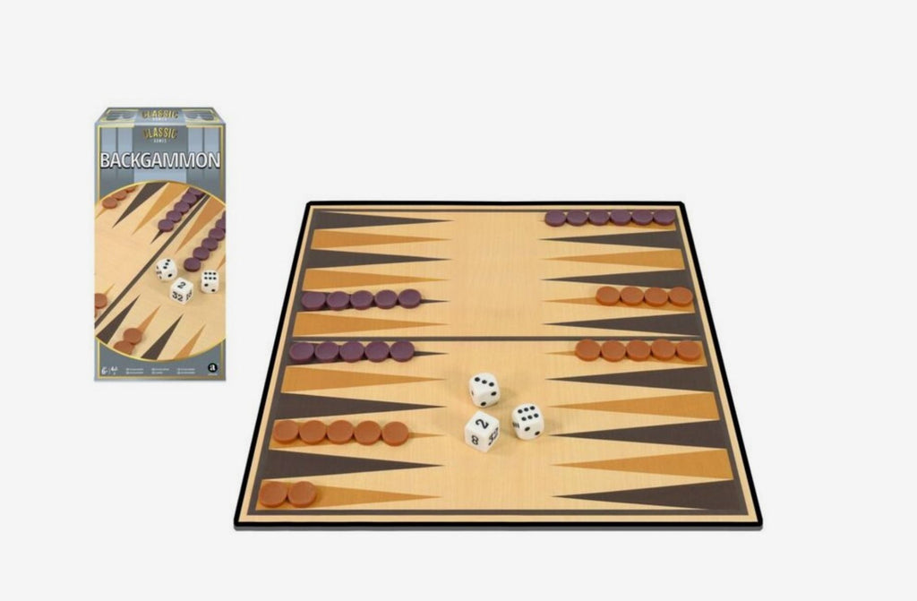 Playzokids Merchant Ambassador Classic Backgammon game with detailed wooden board and playing pieces ready for play.