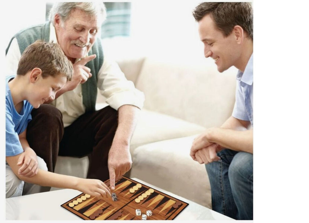Playzokids Merchant Ambassador Classic Games Backgammon board with game pieces and dice for strategic play.