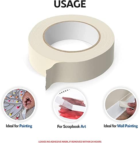 Playzokids 2x30 yard masking tape with 135 micron thickness, shown rolled out with colorful art projects on a surface.