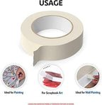 Playzokids 2x30 yard masking tape with 135 micron thickness, shown rolled out with colorful art projects on a surface.