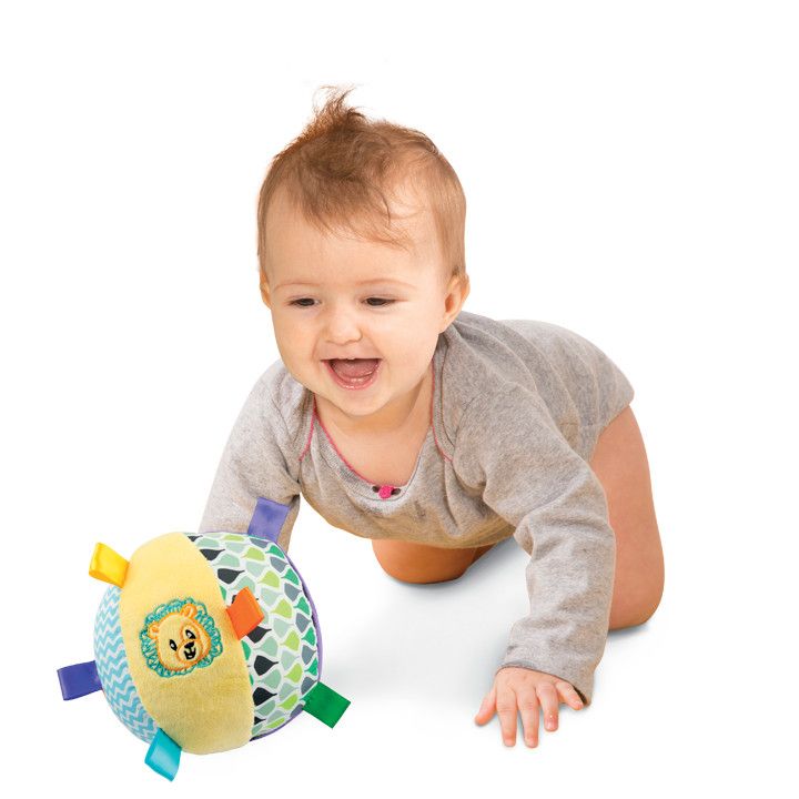 WinFun Caesar the Lion soft rattle toy for babies, featuring a plush lion design with a textured ball for sensory play.
