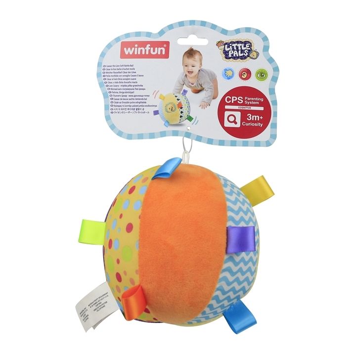 Winfun Caesar the Lion soft rattle ball toy for babies, featuring colorful plush fabric and a gentle rattling sound. Main image
